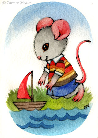 Red Sailboat cute mouse art Carmen Medlin